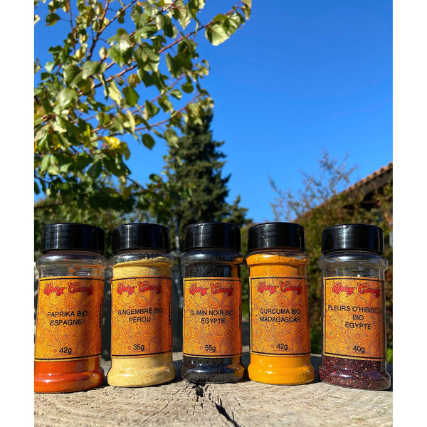 Coffret Booster Bio - Curcuma Bio, Gingembre Bio, Cumin Noir Bio, Paprika doux Bio, Fleurs d'Hibiscus Bio.