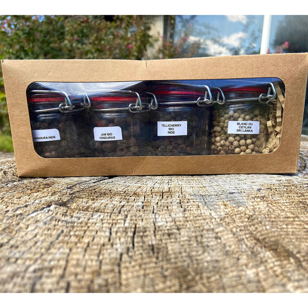 Coffret Black and White - Poivre Banasura, Poivre Jam Bio, Poivre Blanc, Poivre Tellicherry Bio.